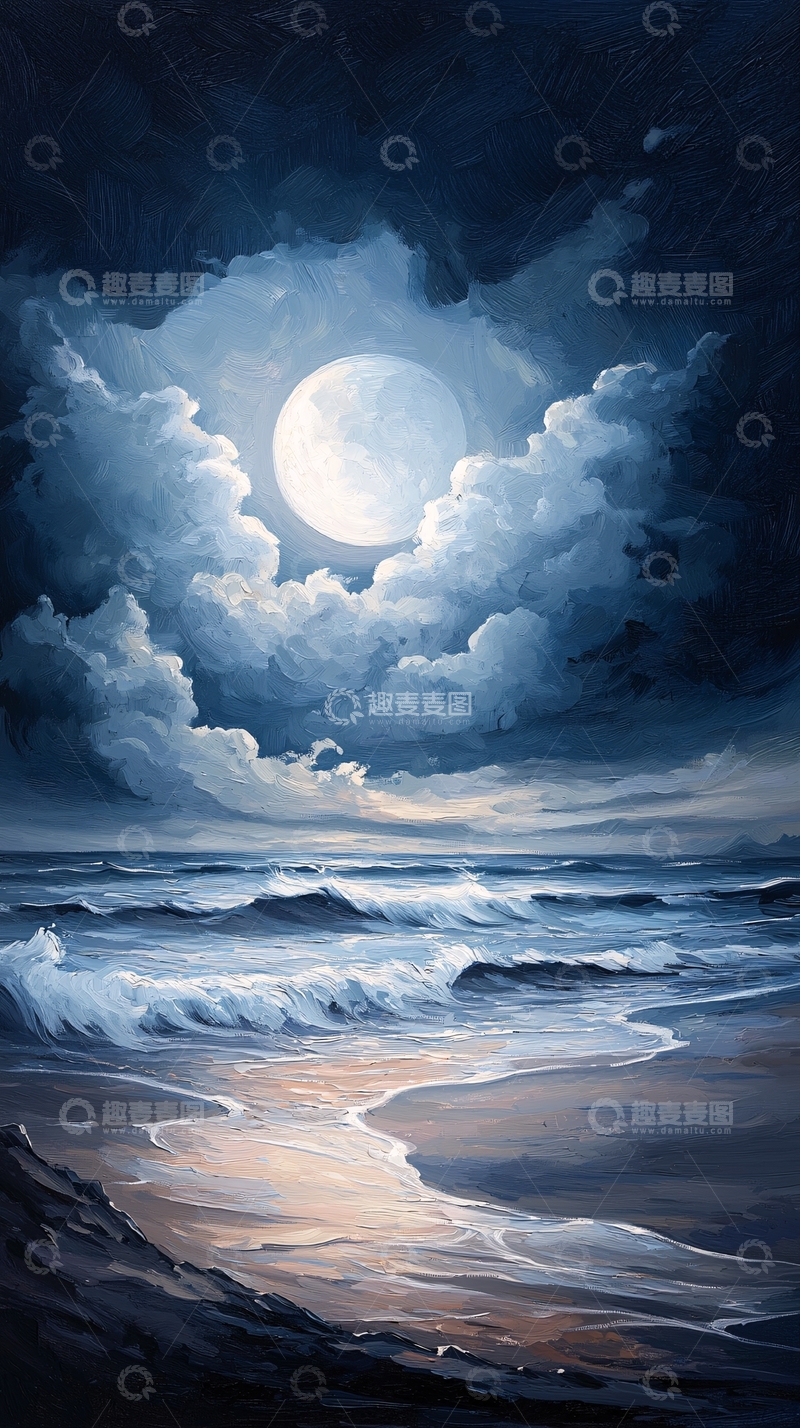高清大图下载【趣麦麦图】海边夜空明月艺术画