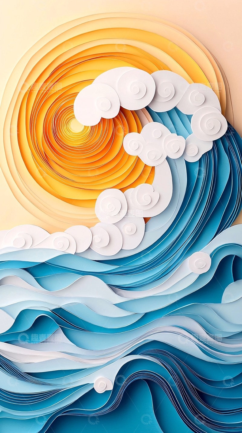 高清大图下载【趣麦麦图】纸艺海浪与太阳