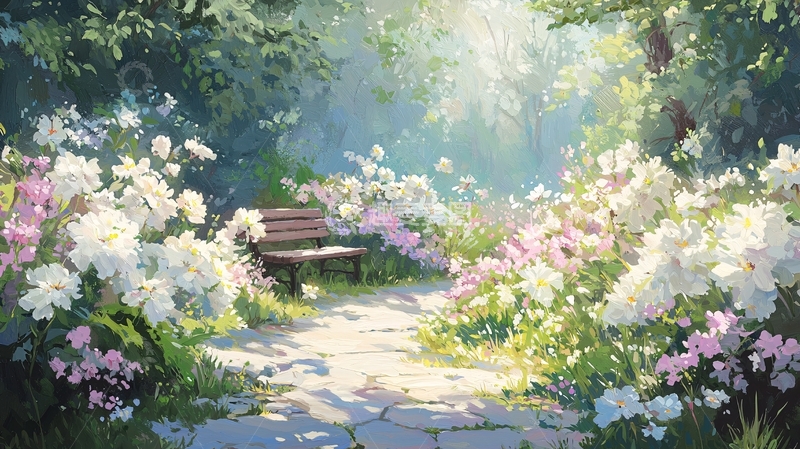 高清大图下载【趣麦麦图】鲜花盛开的花园长椅