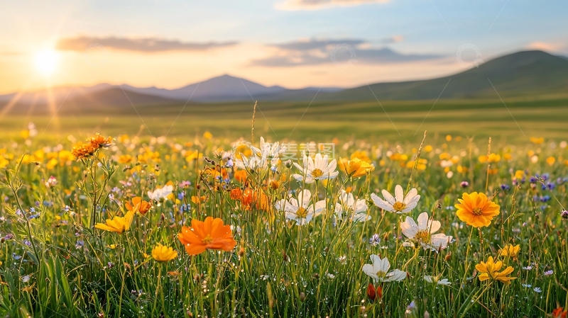 高清大图下载【趣麦麦图】鲜花盛开的草原日出