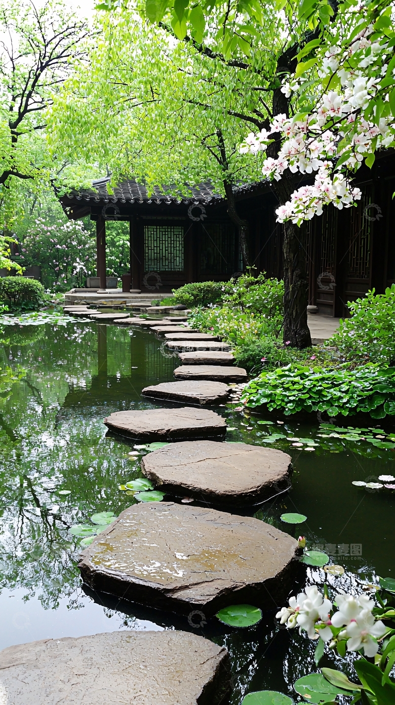 高清大图下载【趣麦麦图】中国园林水榭小路