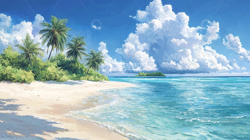 高清大图下载【趣麦麦图】热带海滩椰树白云蓝天