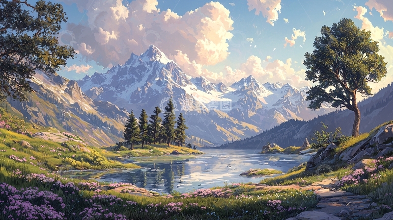 高清大图下载【趣麦麦图】宁静湖畔雪山下的风景