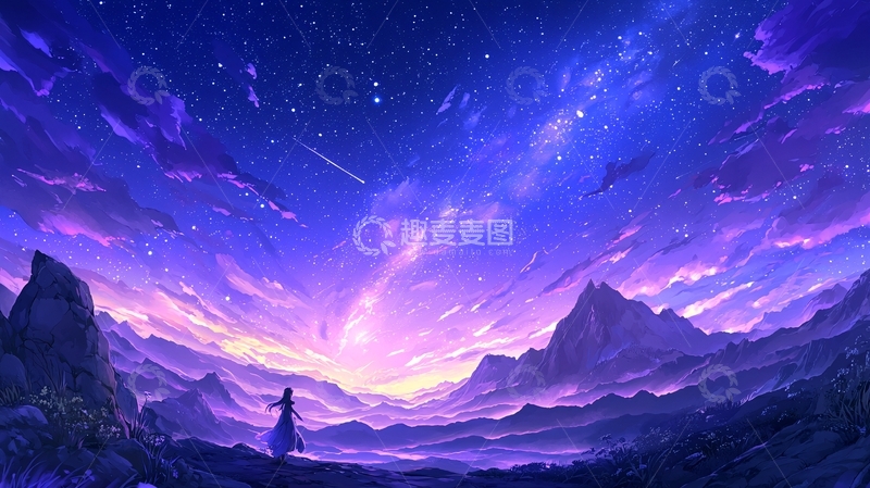 高清大图下载【趣麦麦图】星空下的山脉和少女