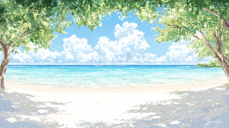 高清大图下载【趣麦麦图】海滩树荫下的明媚阳光