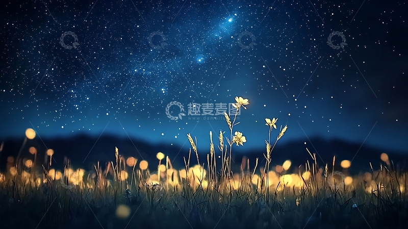 高清大图下载【趣麦麦图】星空下的金色光点草地