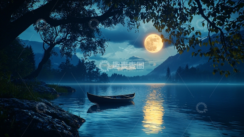 高清大图下载【趣麦麦图】宁静湖面月夜