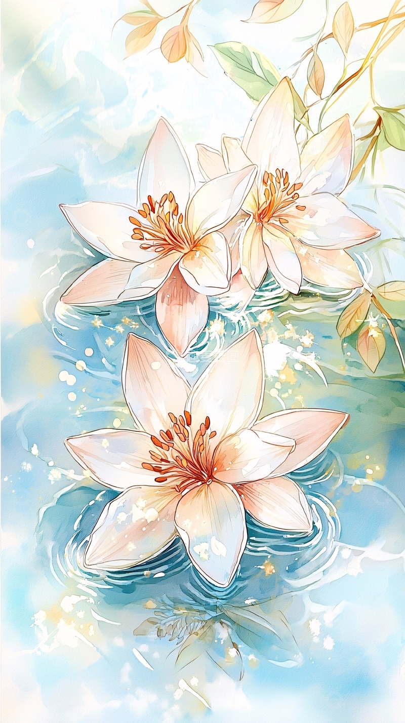 高清大图下载【趣麦麦图】水面上淡雅的水彩莲花