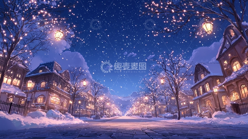 高清大图下载【趣麦麦图】梦幻雪夜小镇灯光