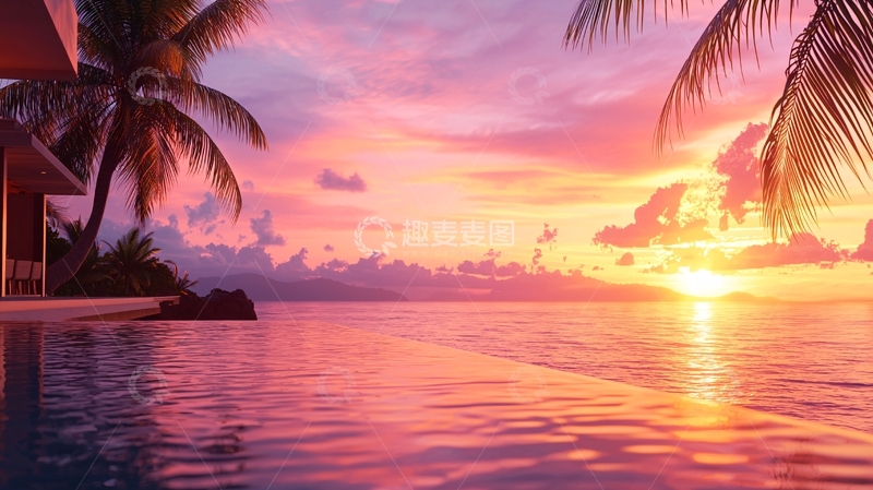 高清大图下载【趣麦麦图】粉色天空下的海边日落
