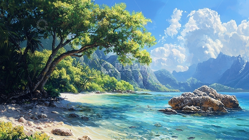 高清大图下载【趣麦麦图】海滩树木山脉的平静风景