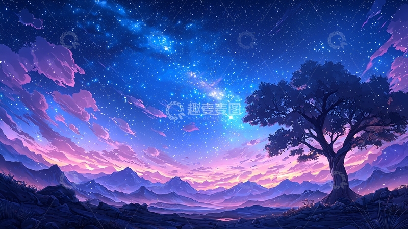 高清大图下载【趣麦麦图】绚丽星空下的树