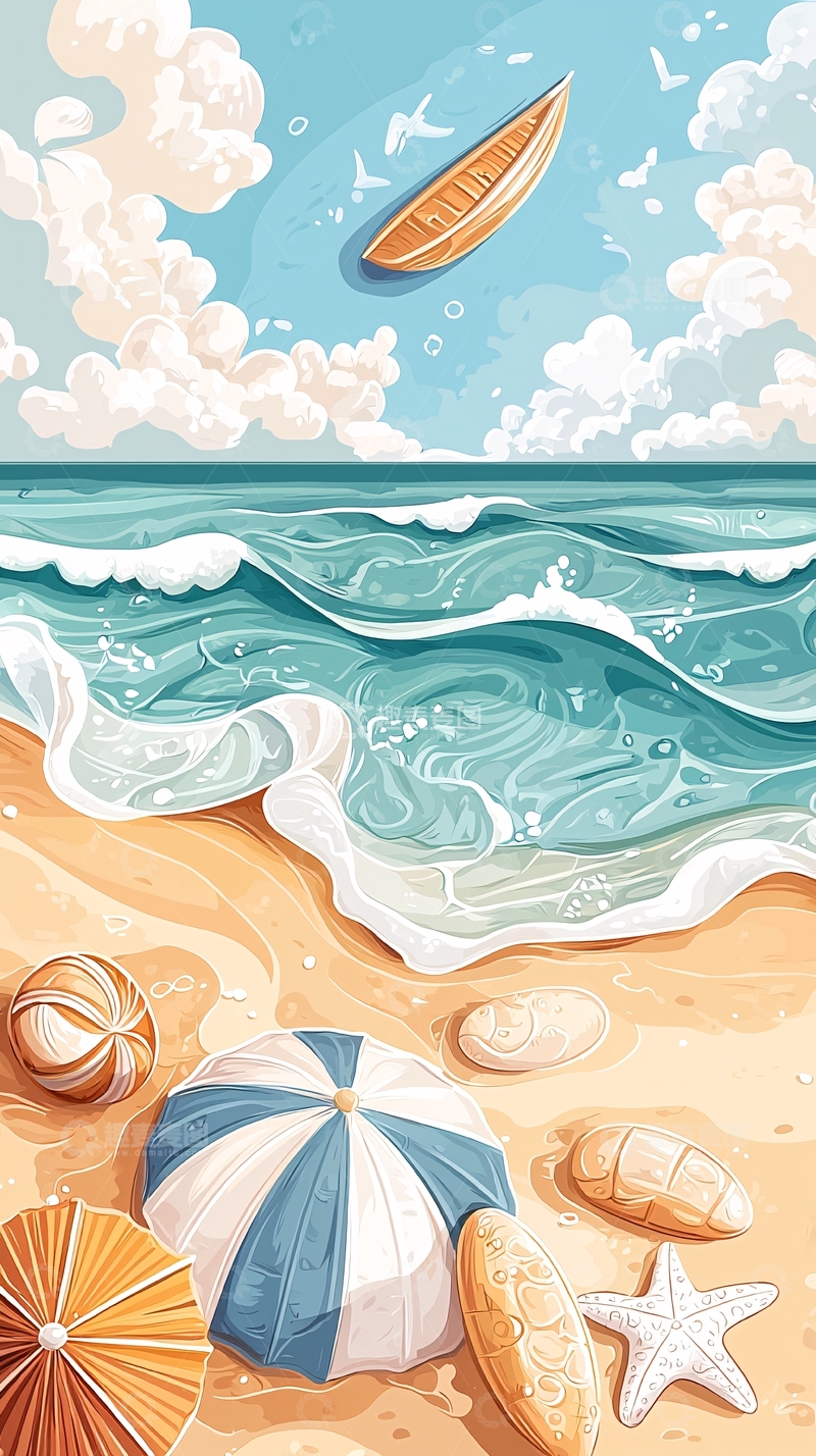 高清大图下载【趣麦麦图】海滩伞和海洋的清爽画面