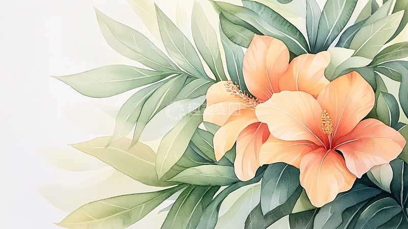 高清大图下载【趣麦麦图】淡彩扶桑花绿叶