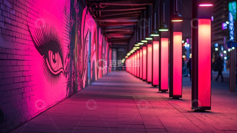 高清大图下载【趣麦麦图】霓虹灯下的涂鸦隧道
