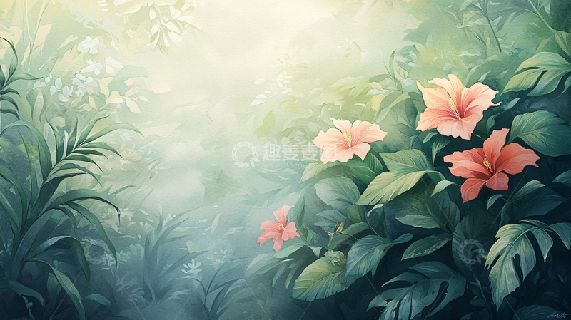 高清大图下载【趣麦麦图】热带植物与花朵的梦幻背景