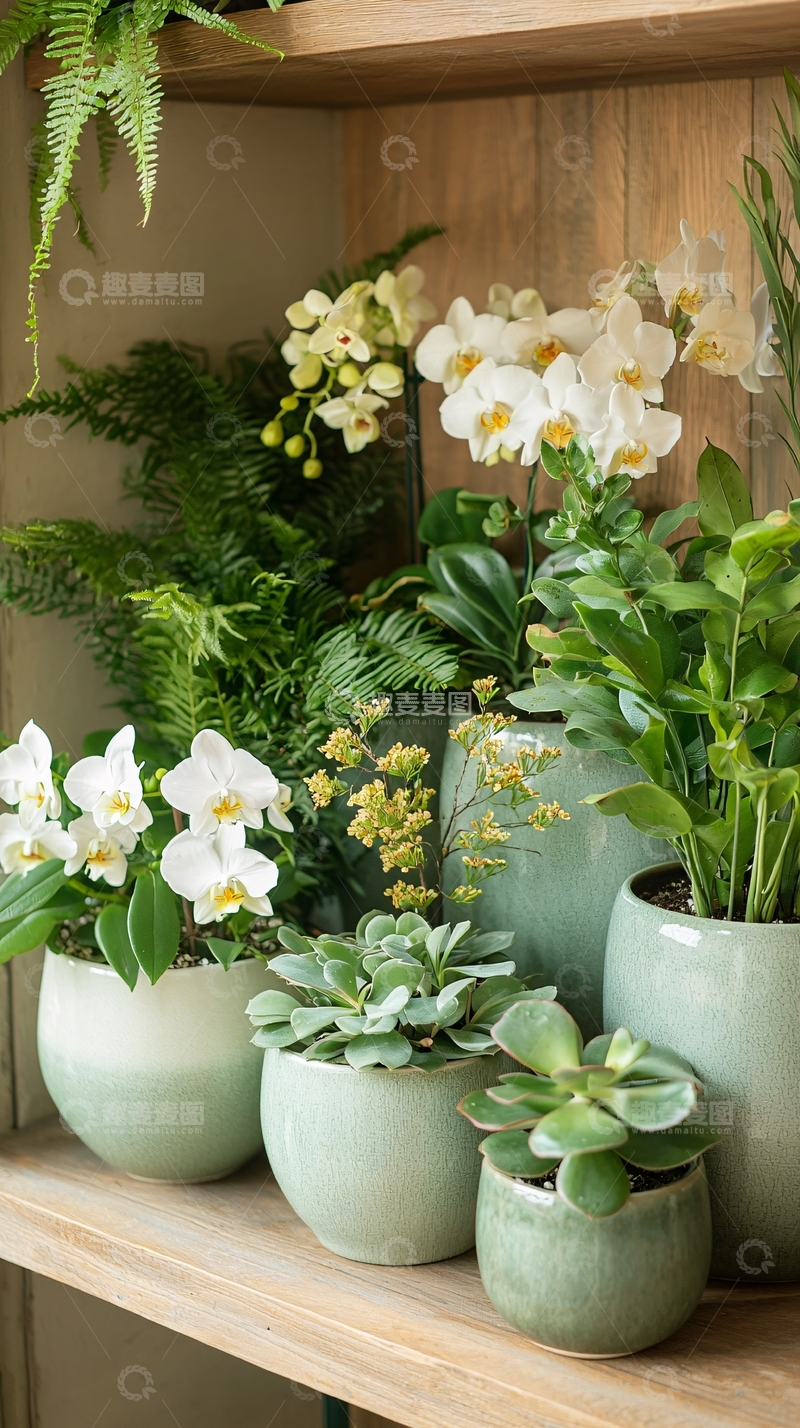 高清大图下载【趣麦麦图】盆栽植物组合在架子上