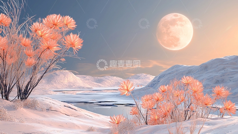 高清大图下载【趣麦麦图】粉色树木下的冬日满月