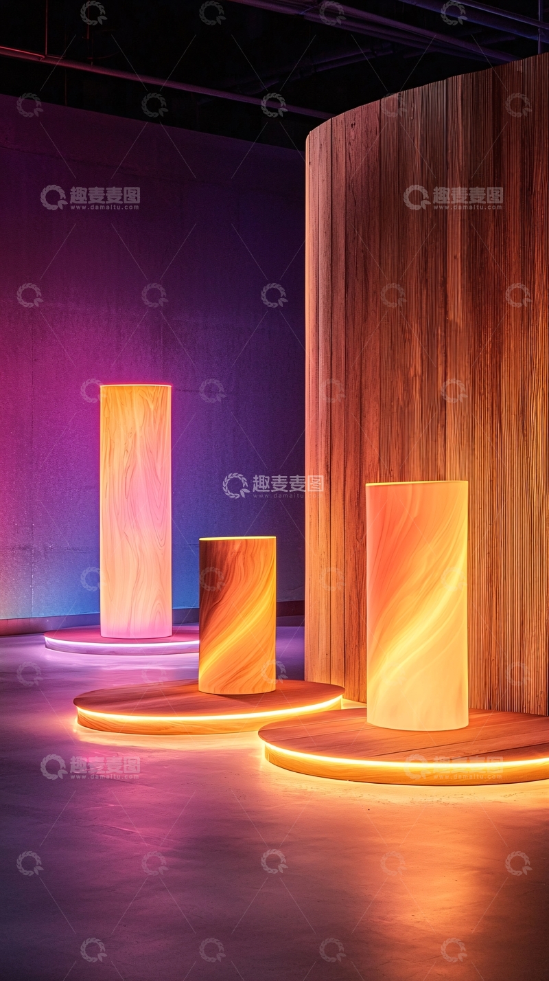 高清大图下载【趣麦麦图】发光柱体展示在木质平台上