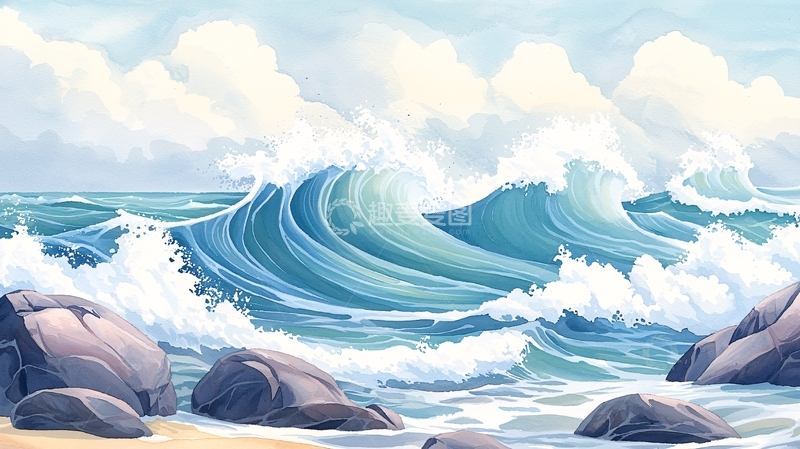 高清大图下载【趣麦麦图】海浪拍打礁石的清新画面