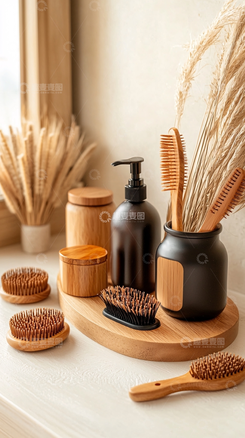 高清大图下载【趣麦麦图】米色背景下的木制浴室用品