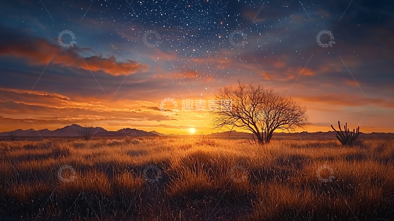 高清大图下载【趣麦麦图】旷野日落星空