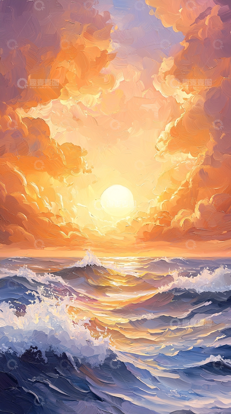 高清大图下载【趣麦麦图】金色云彩下的海浪