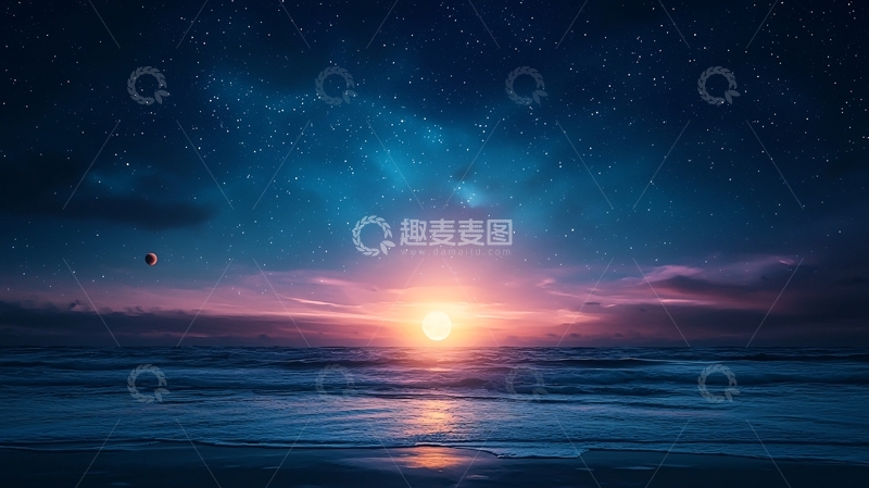 高清大图下载【趣麦麦图】宁静海面上的日出星空
