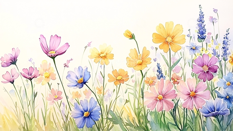 高清大图下载【趣麦麦图】水彩风格的缤纷花朵田野