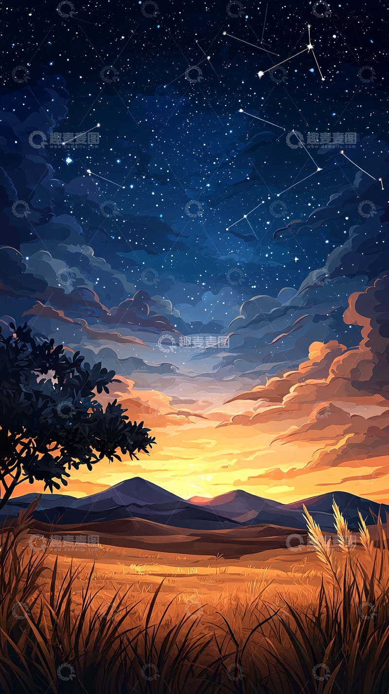 高清大图下载【趣麦麦图】夜空下的田野星空美景
