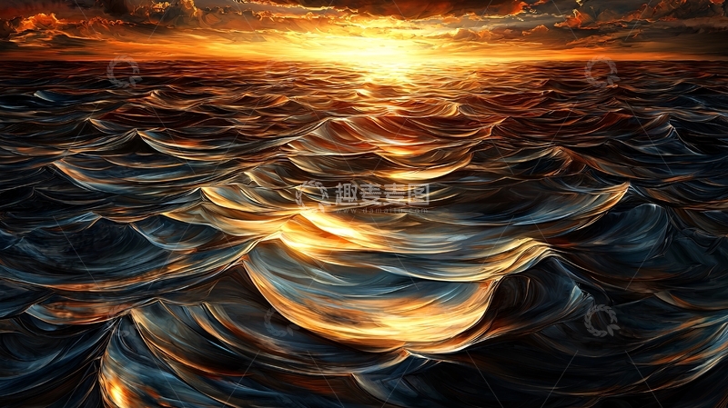 高清大图下载【趣麦麦图】金光照耀下的波涛海面