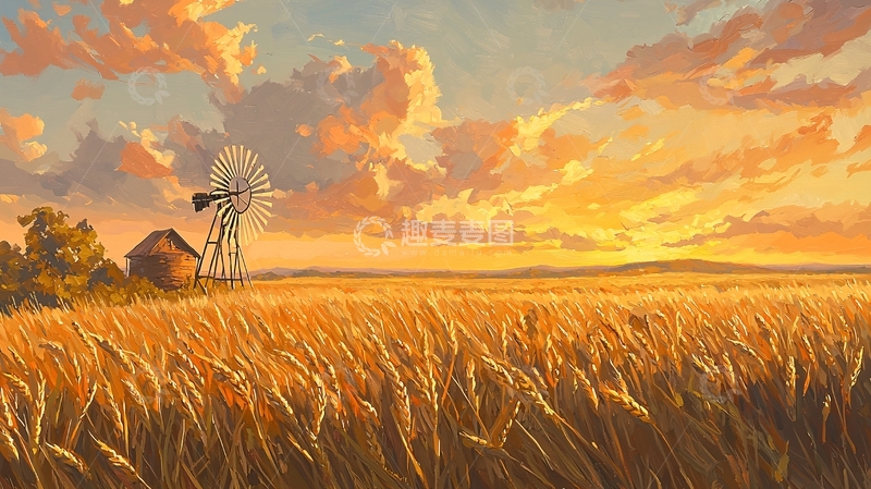 高清大图下载【趣麦麦图】金色的麦田夕阳风景