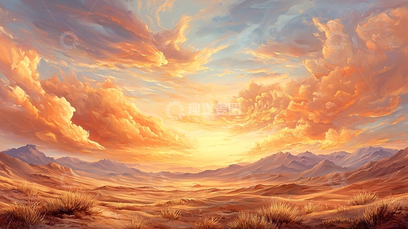 高清大图下载【趣麦麦图】金色的天空与山峦景色