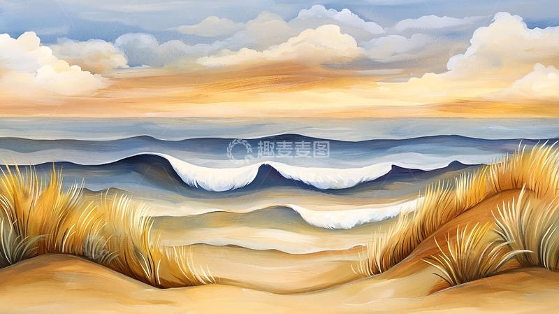 高清大图下载【趣麦麦图】宁静海滩油画风