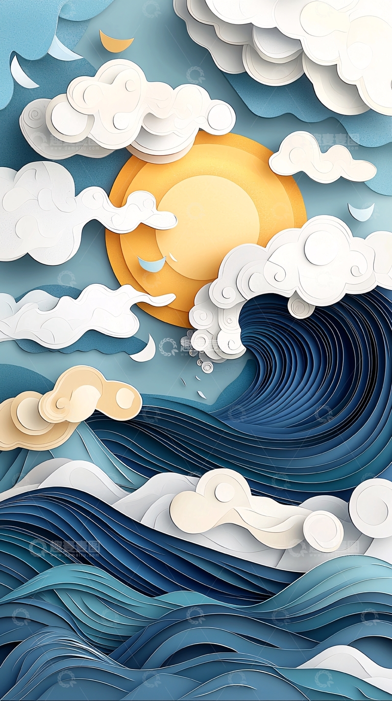 高清大图下载【趣麦麦图】纸艺海浪与太阳