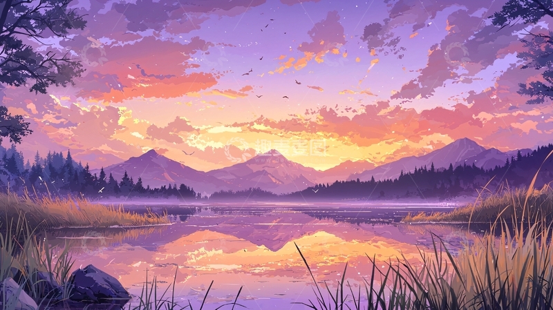 高清大图下载【趣麦麦图】紫色天空下的湖光山色