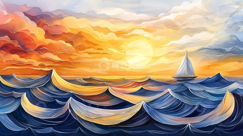 高清大图下载【趣麦麦图】油画风格海面帆船日出