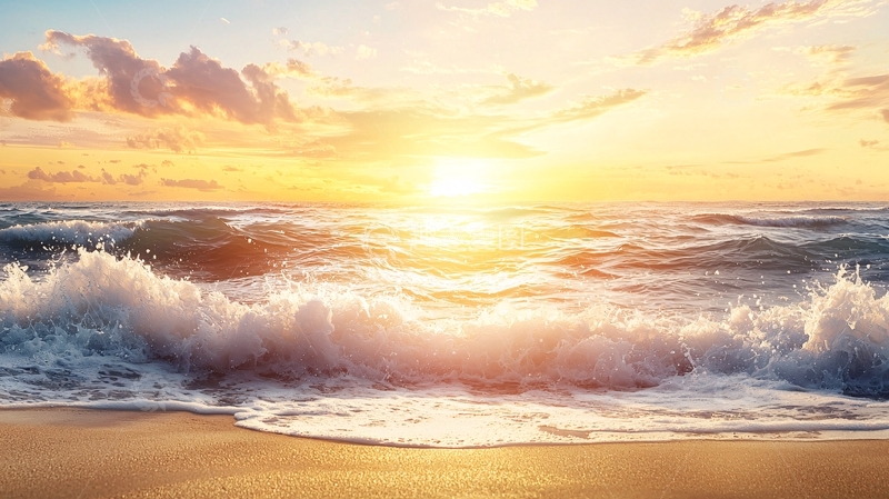 高清大图下载【趣麦麦图】金色海滩日落波光粼粼