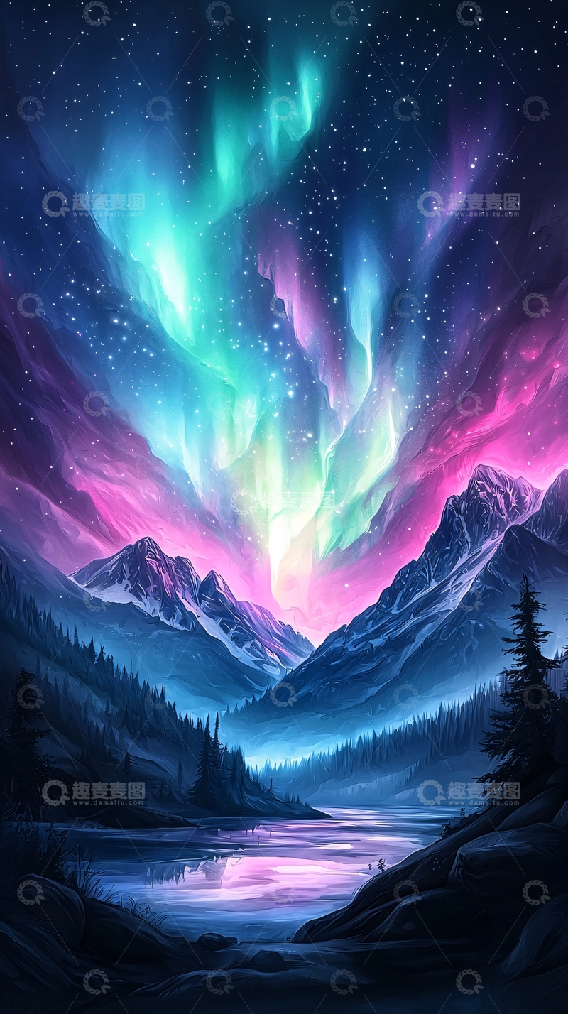 高清大图下载【趣麦麦图】绚丽极光照亮山脉湖泊
