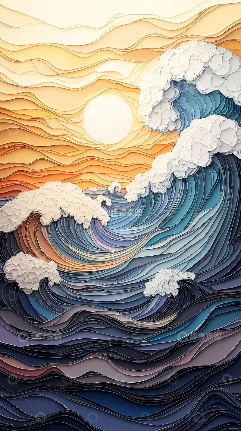 高清大图下载【趣麦麦图】海浪夕阳剪纸风