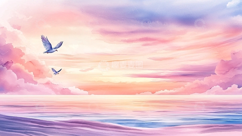 高清大图下载【趣麦麦图】粉色云彩中的飞鸟