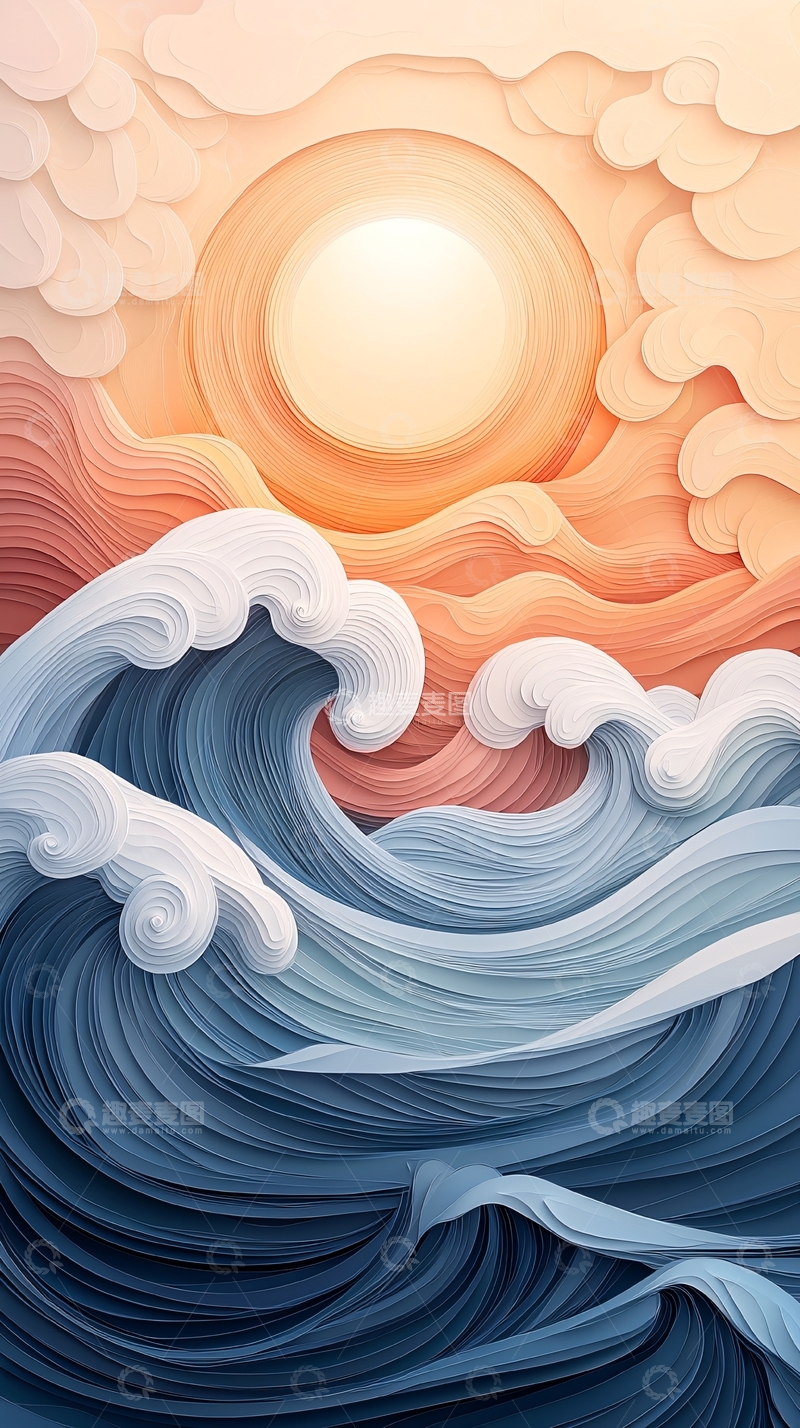 高清大图下载【趣麦麦图】海浪与日出剪纸艺术风格