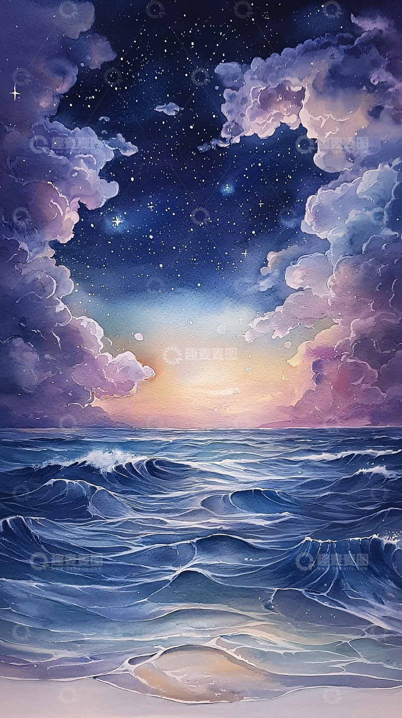 高清大图下载【趣麦麦图】梦幻星空海景水彩画