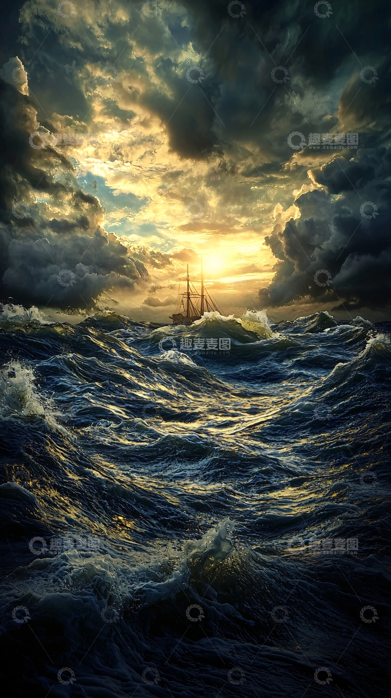 高清大图下载【趣麦麦图】波涛汹涌的大海与帆船