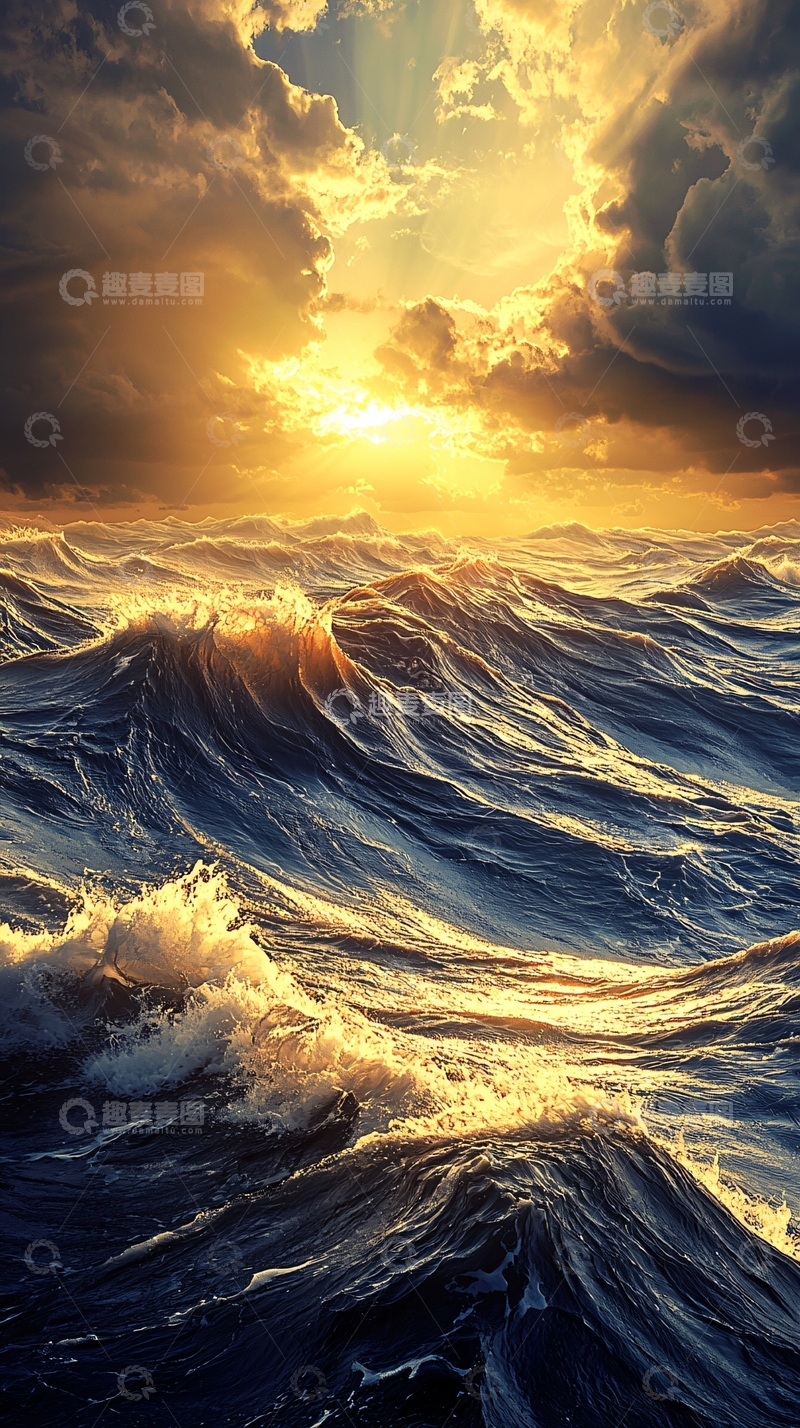 高清大图下载【趣麦麦图】海面日出金光四射