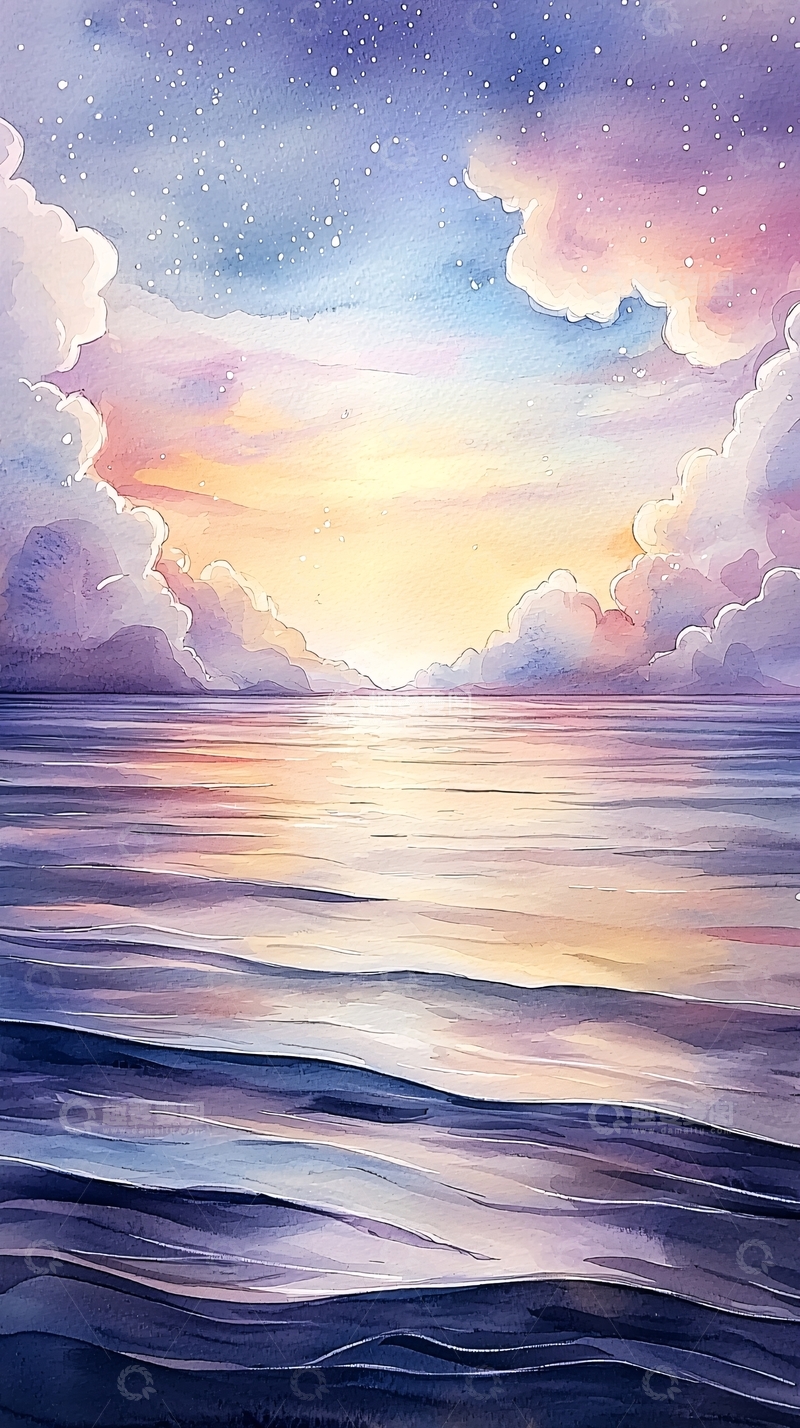 高清大图下载【趣麦麦图】水彩风格梦幻海洋天空