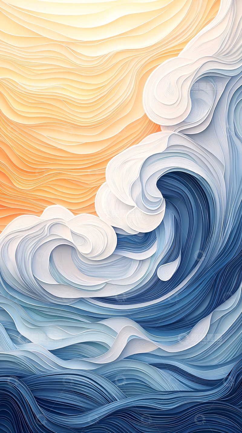 高清大图下载【趣麦麦图】抽象海浪与金色天空