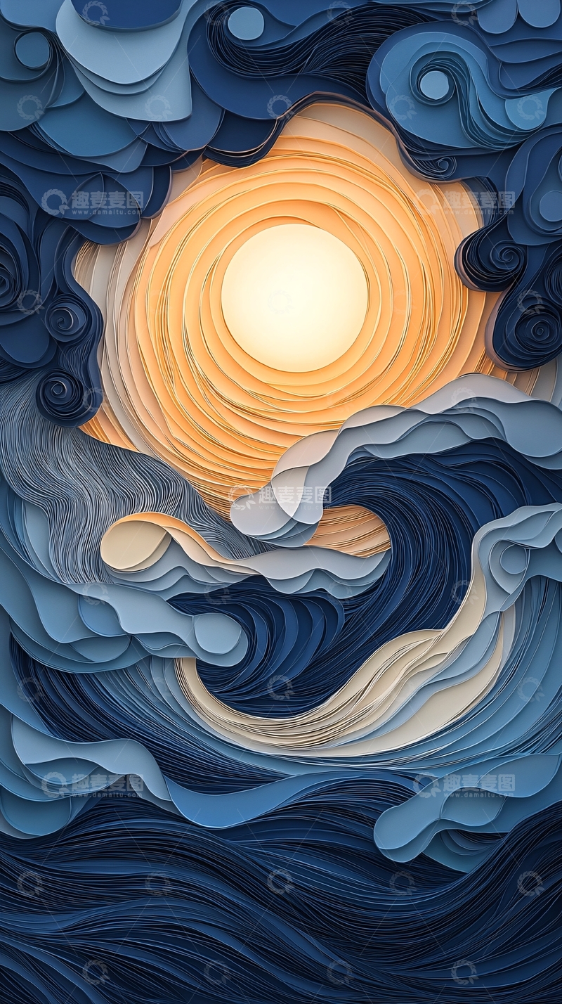 高清大图下载【趣麦麦图】蓝色纸艺海浪太阳