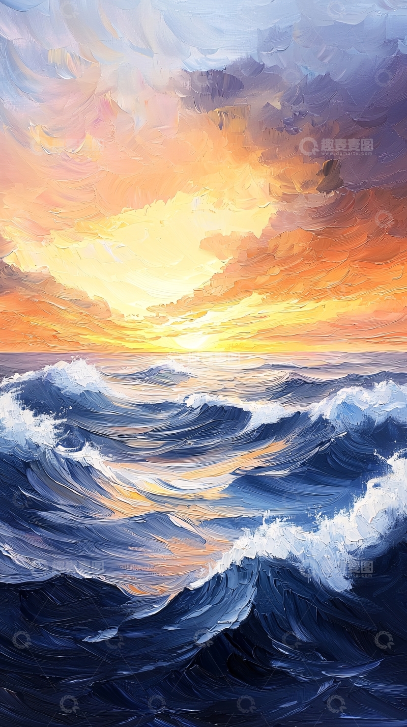 高清大图下载【趣麦麦图】波涛汹涌的日落海景