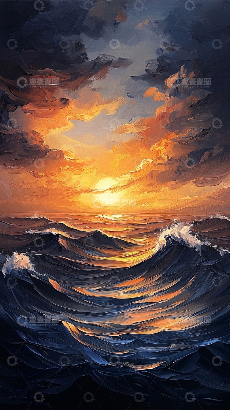 高清大图下载【趣麦麦图】波涛汹涌的日落海景